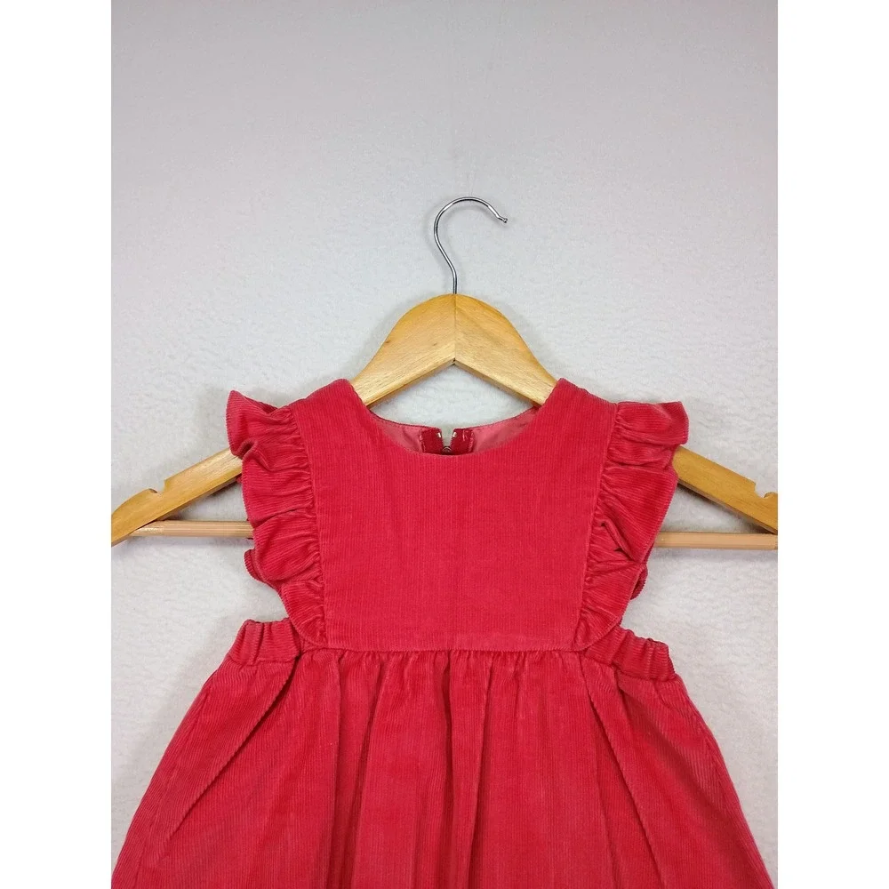 Cottagecore Fischel by Johnston Toddler 3T Red Corduroy Ruffle‎ Pinafore Dress